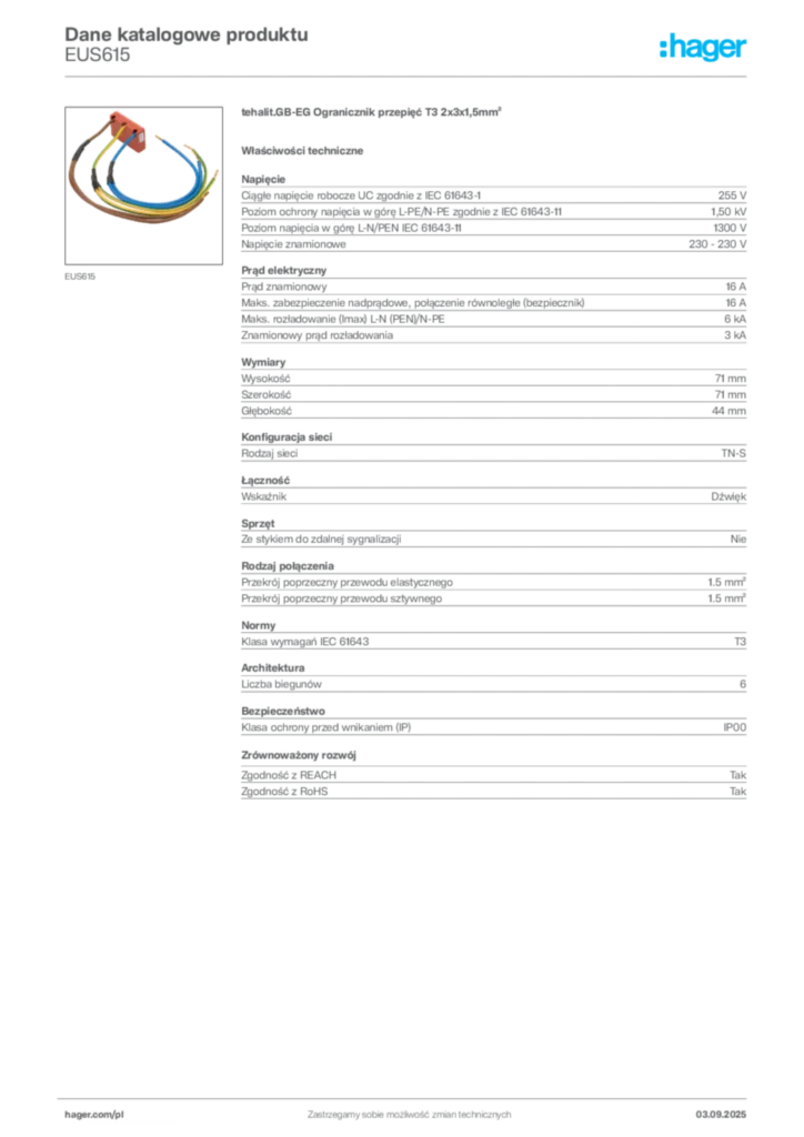 Zdjęcie Hager Karta katalogowa EUS615 | Hager Polska