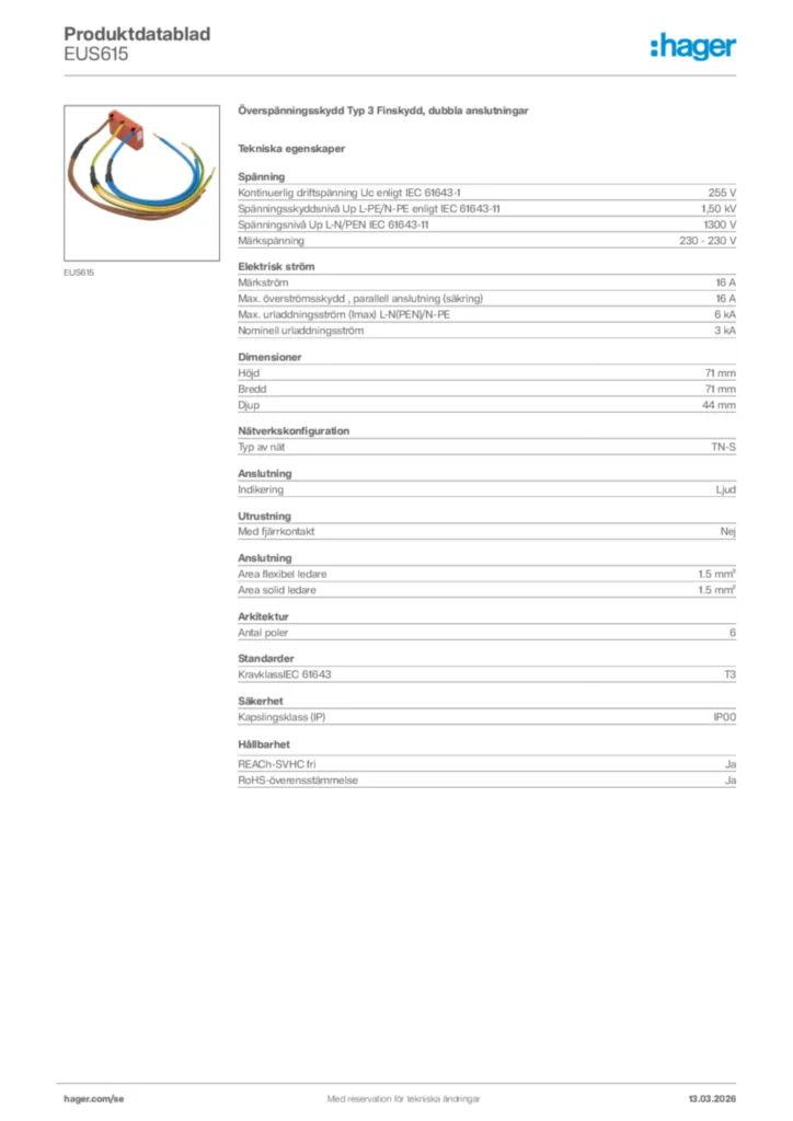 Bild Hager Produktdatablad EUS615 | Hager Sverige