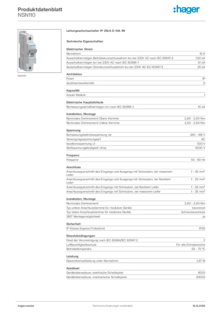 Bild Hager Produktdatenblatt NSN110 | Hager Deutschland