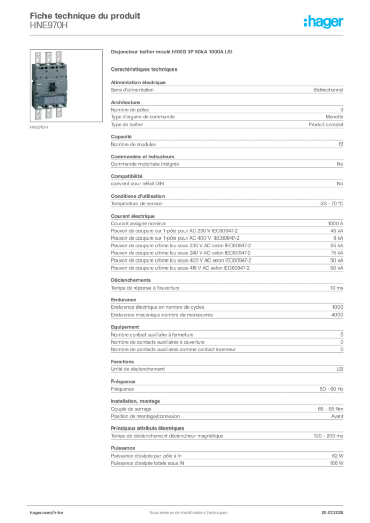 Image Hager Fiche technique du produit HNE970H | Hager Belgique