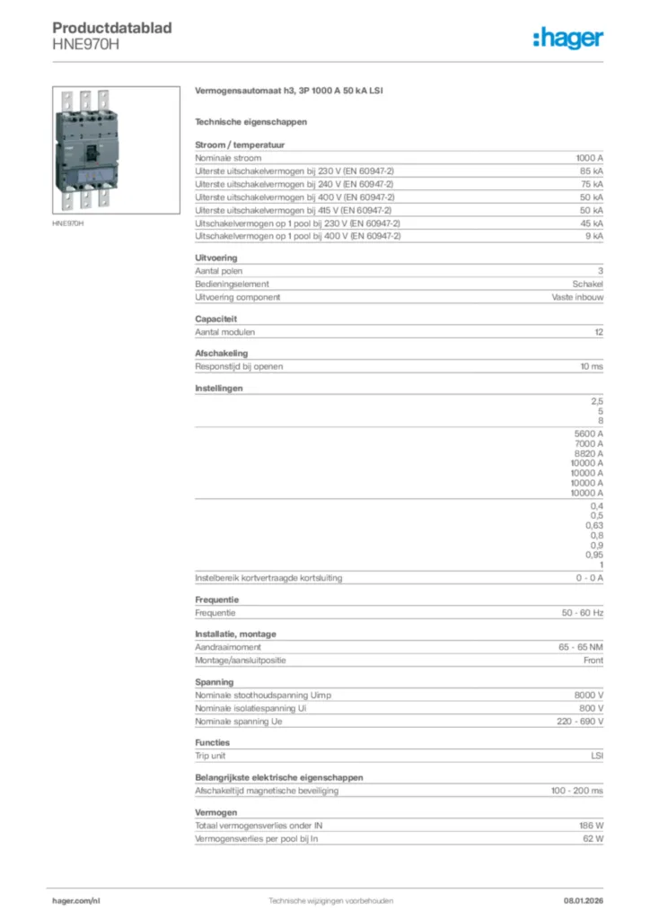 Afbeelding Hager Productdatablad HNE970H | Hager Nederland