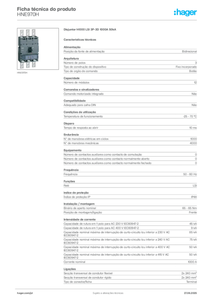 Imagem Hager Ficha técnica do produto HNE970H | Hager Portugal