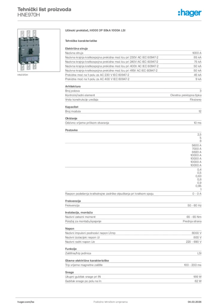 Slika Hager Tehnički list proizvoda HNE970H  | Hager