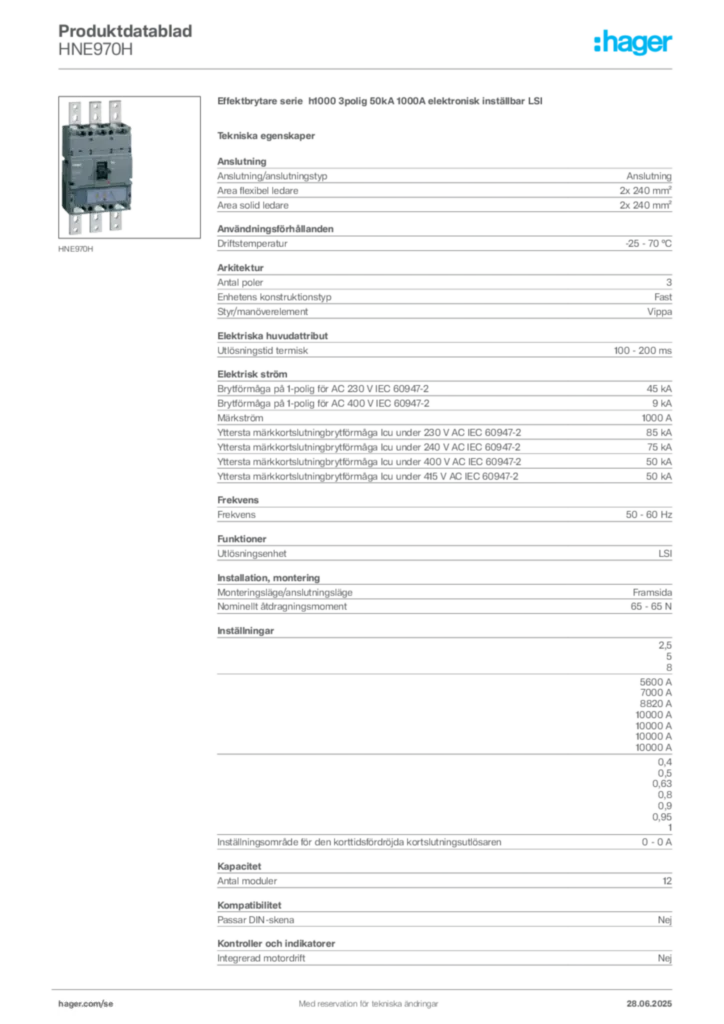 Bild Hager Produktdatablad HNE970H | Hager Sverige