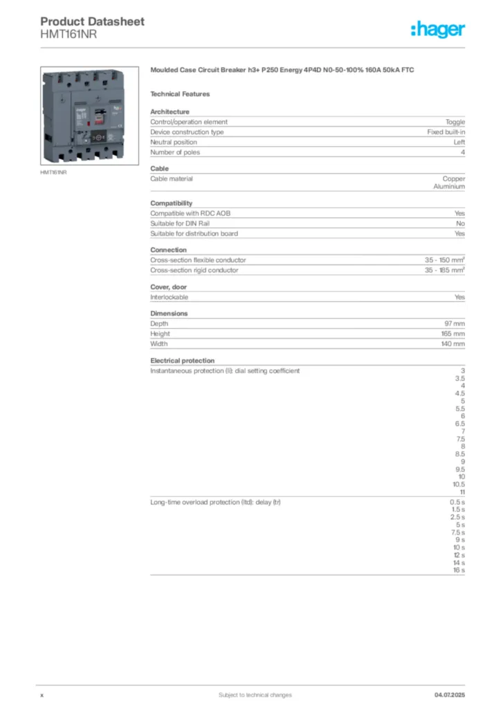 Image Hager Product data sheet HMT161NR  | Hager Africa