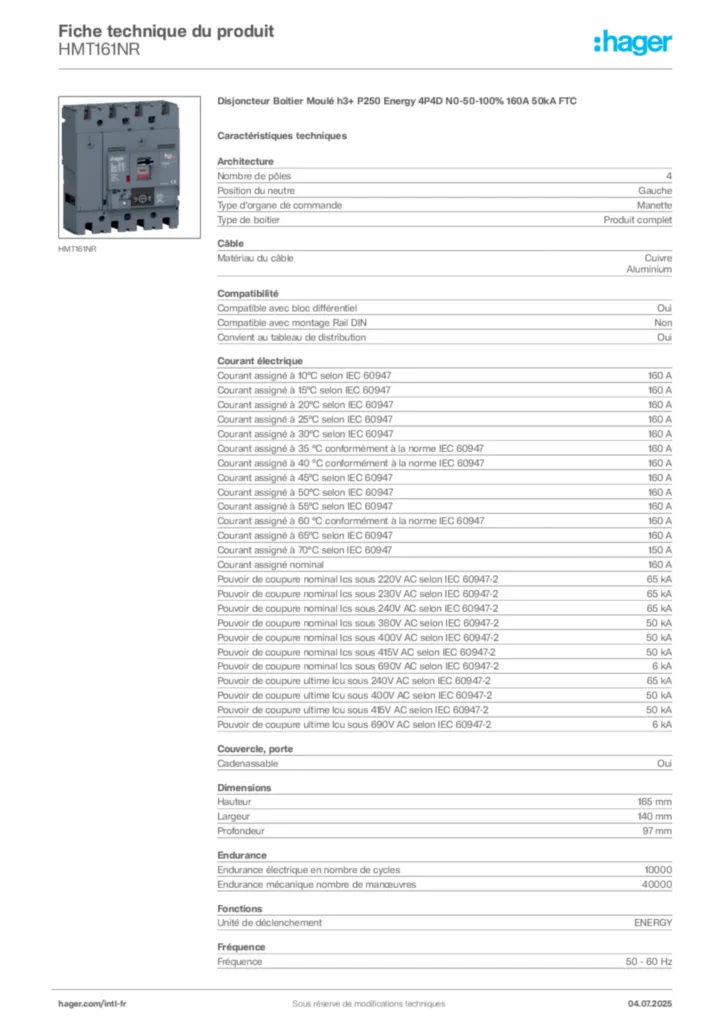 Image Hager Fiche technique du produit HMT161NR | Hager Afrique