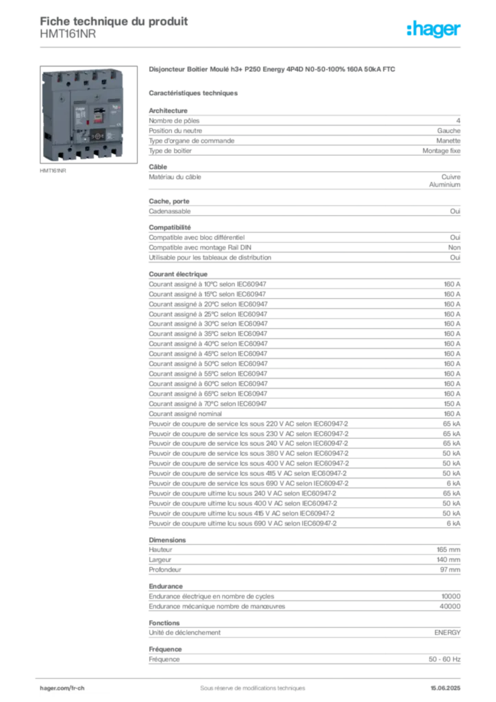 Image Hager Fiche technique du produit HMT161NR | Hager Suisse