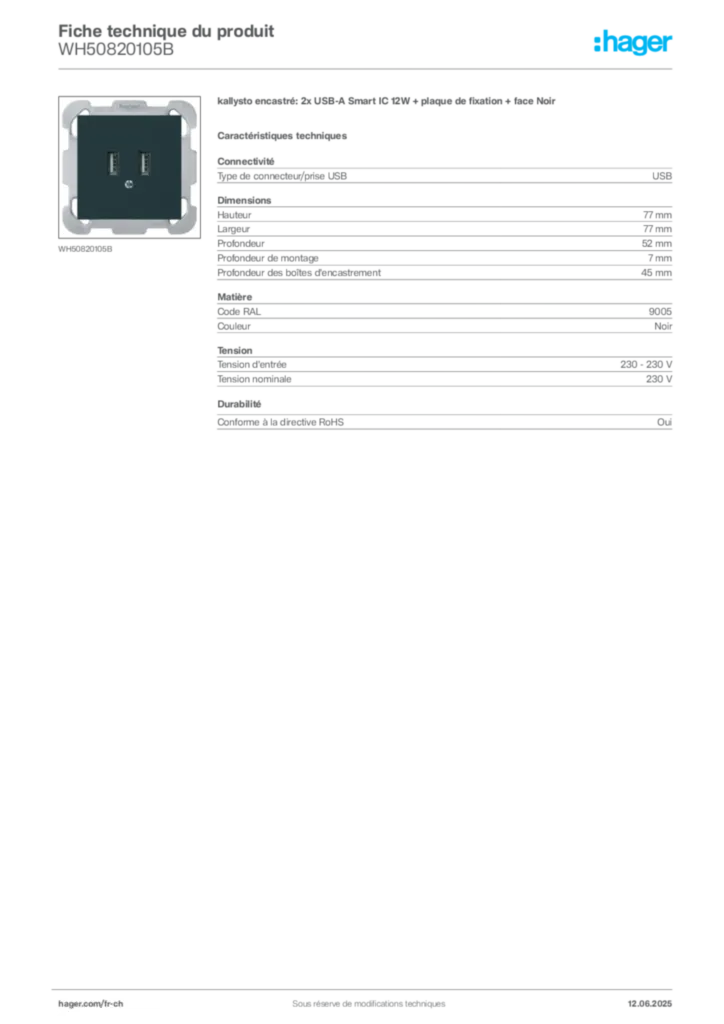 Image Hager Fiche technique du produit WH50820105B | Hager Suisse