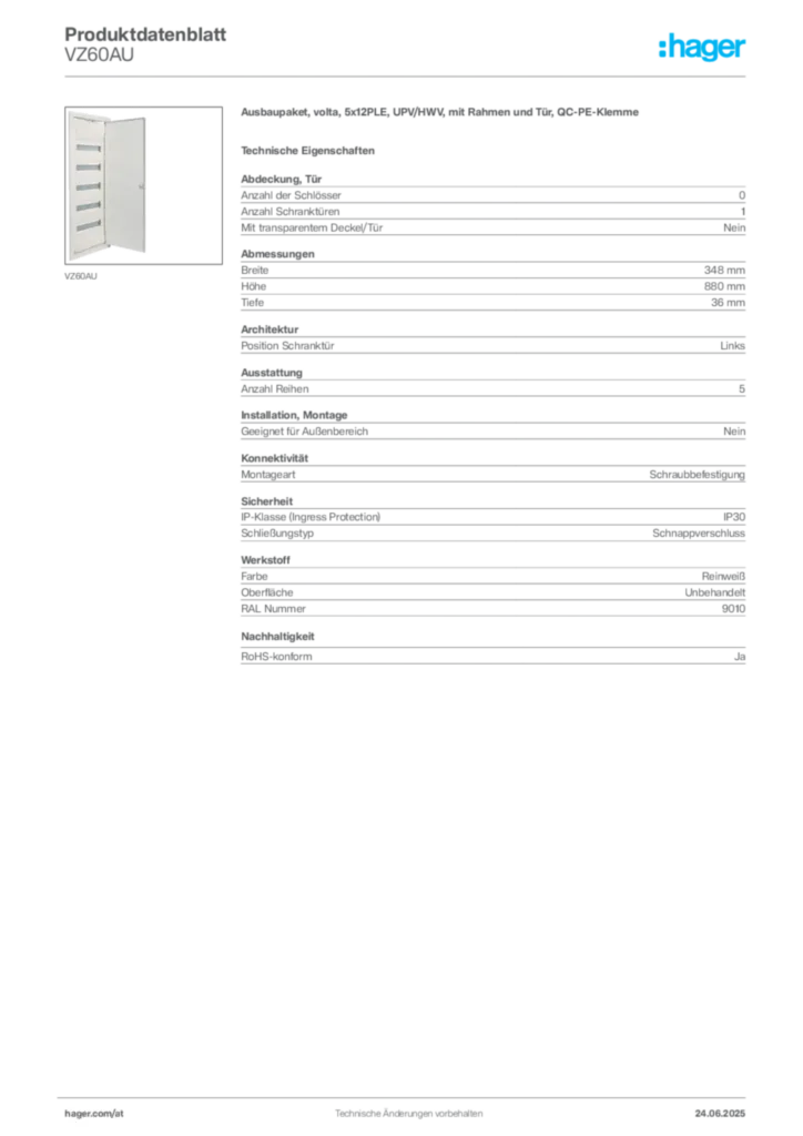 Bild Hager Produktdatenblatt VZ60AU | Hager Deutschland