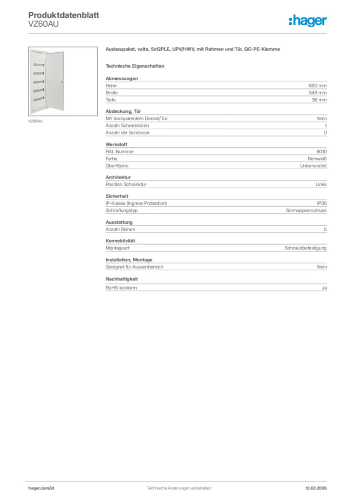 Bild Hager Produktdatenblatt VZ60AU | Hager Deutschland