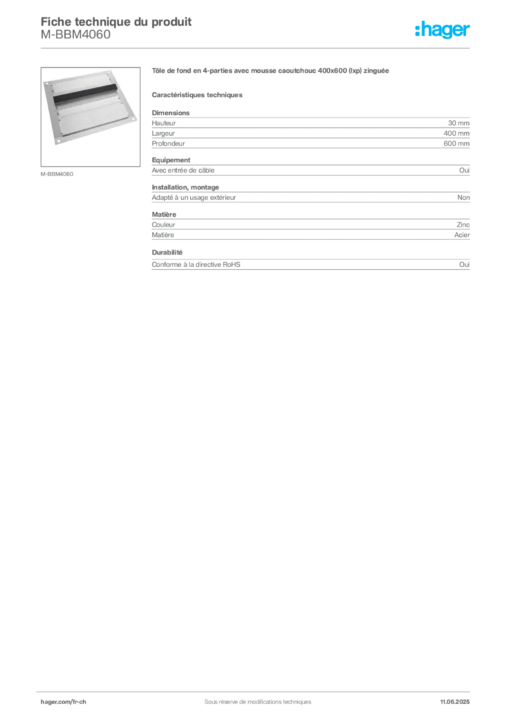 Image Hager Fiche technique du produit M-BBM4060 | Hager Suisse