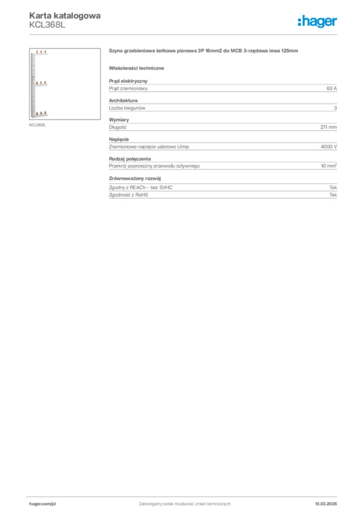 Zdjęcie Hager Karta katalogowa KCL368L | Hager Polska
