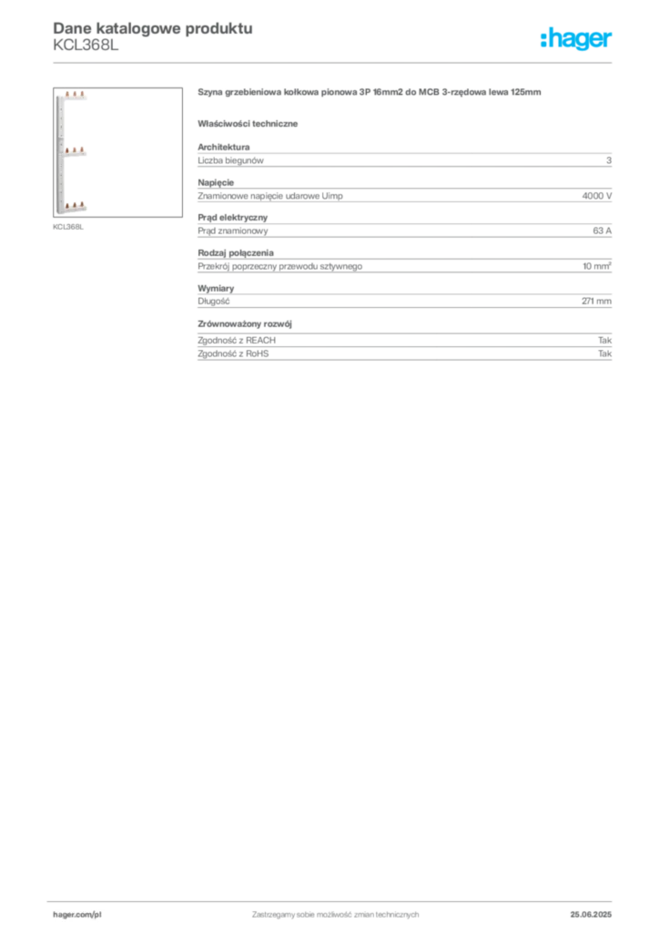 Zdjęcie Hager Karta katalogowa KCL368L | Hager Polska