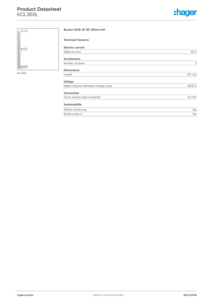 Image Hager Product data sheet KCL368L  | Hager Australia
