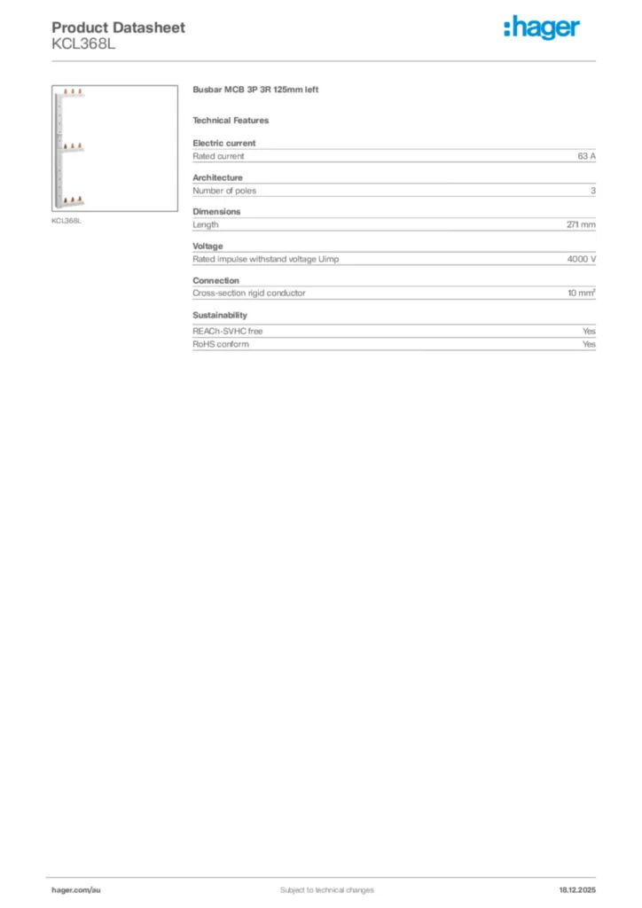 Image Hager Product data sheet KCL368L  | Hager Australia