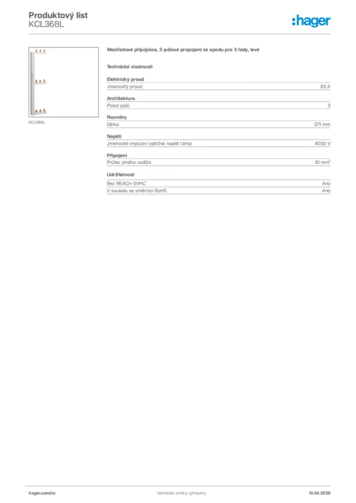 Obrázek Hager Product data sheet KCL368L | Hager
