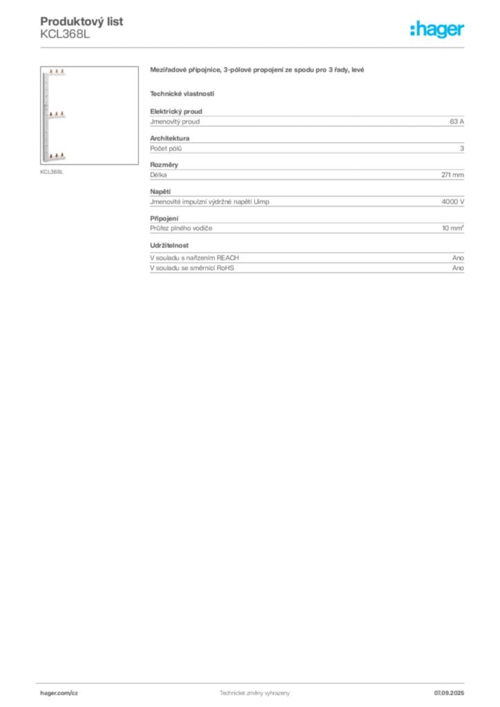 Obrázek Hager Produktový list KCL368L | Hager