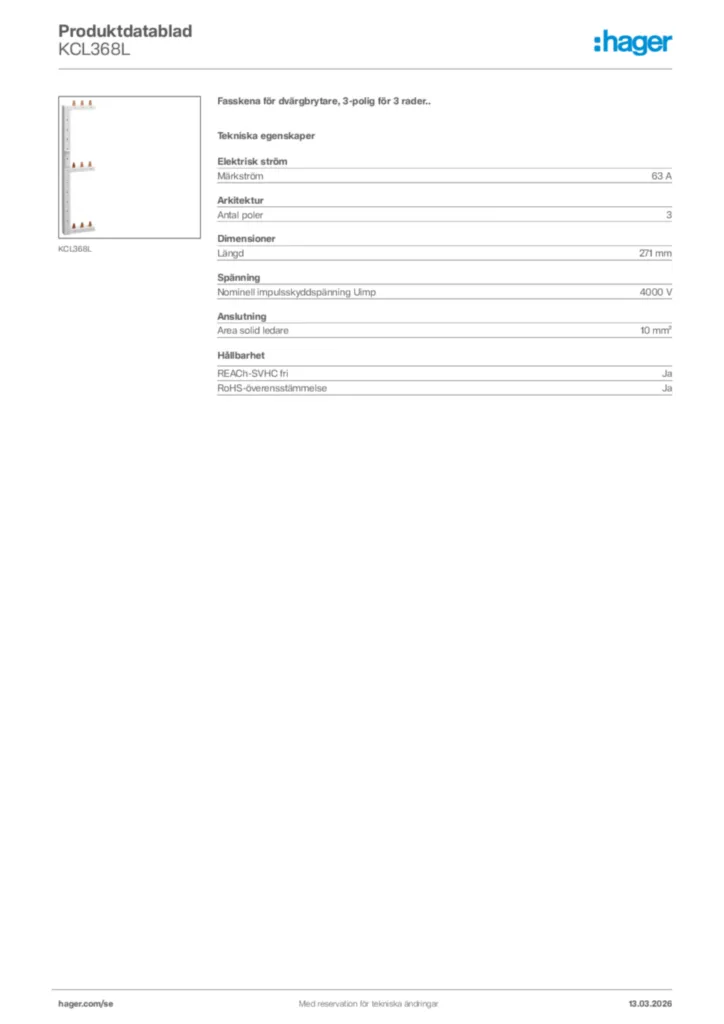 Bild Hager Produktdatablad KCL368L | Hager Sverige