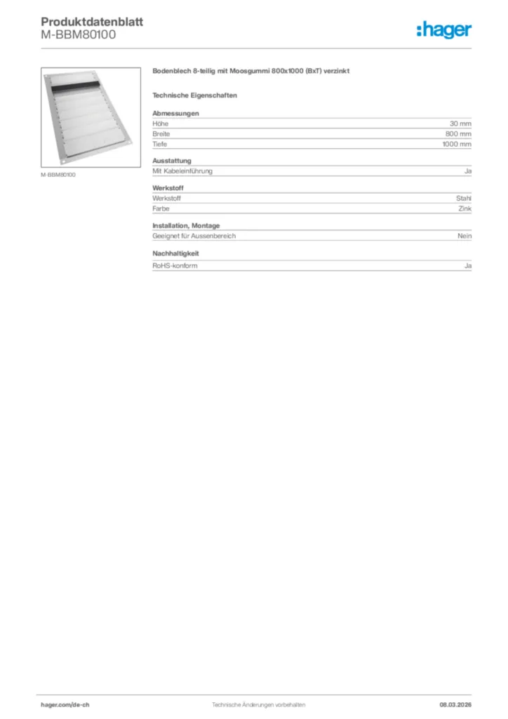 Bild Hager Produktdatenblatt M-BBM80100 | Hager Schweiz