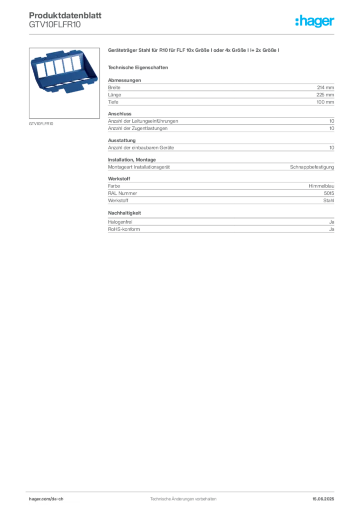 Bild Hager Produktdatenblatt GTV10FLFR10 | Hager Schweiz