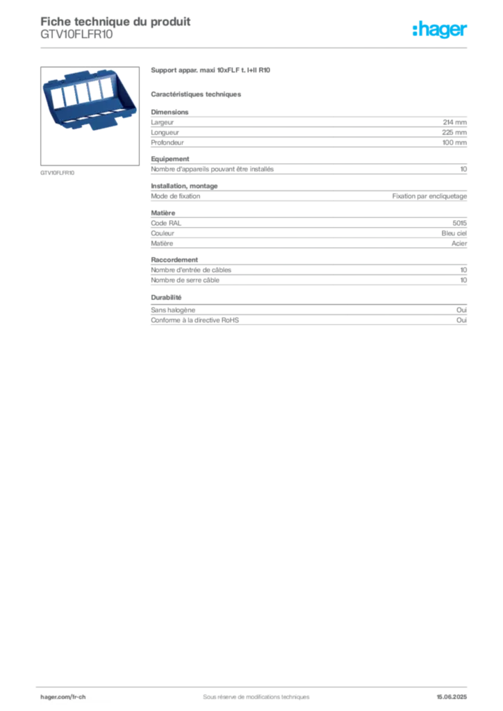Image Hager Fiche technique du produit GTV10FLFR10 | Hager Suisse