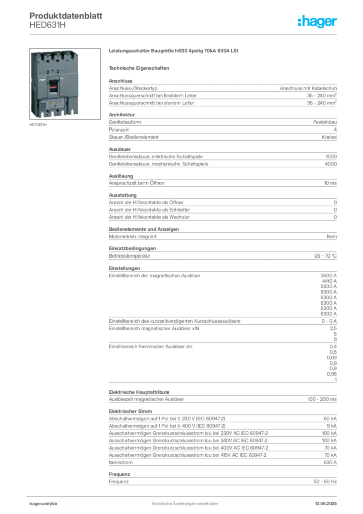 Bild Hager Produktdatenblatt HED631H | Hager Deutschland