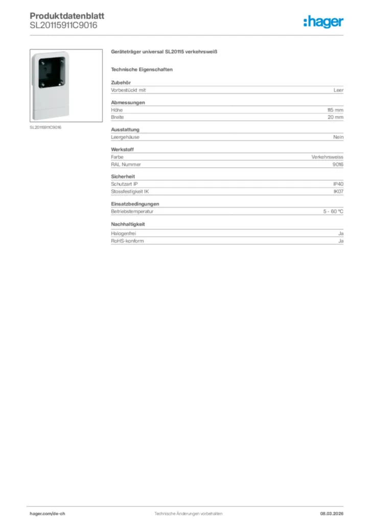 Bild Hager Produktdatenblatt SL20115911C9016 | Hager Schweiz