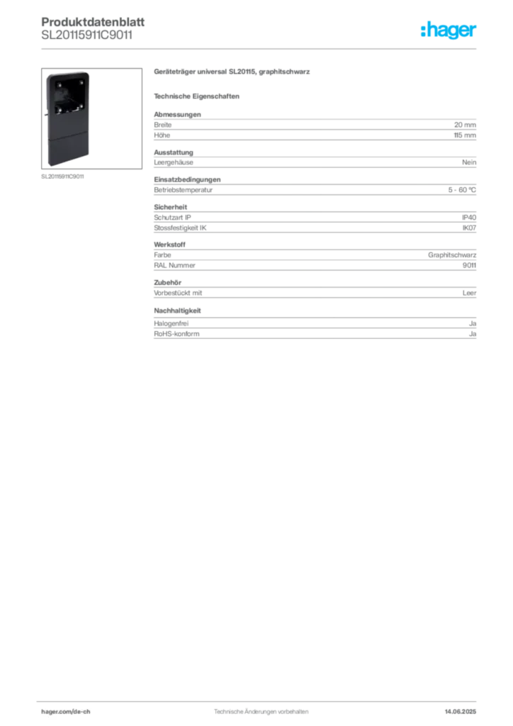 Bild Hager Produktdatenblatt SL20115911C9011 | Hager Schweiz