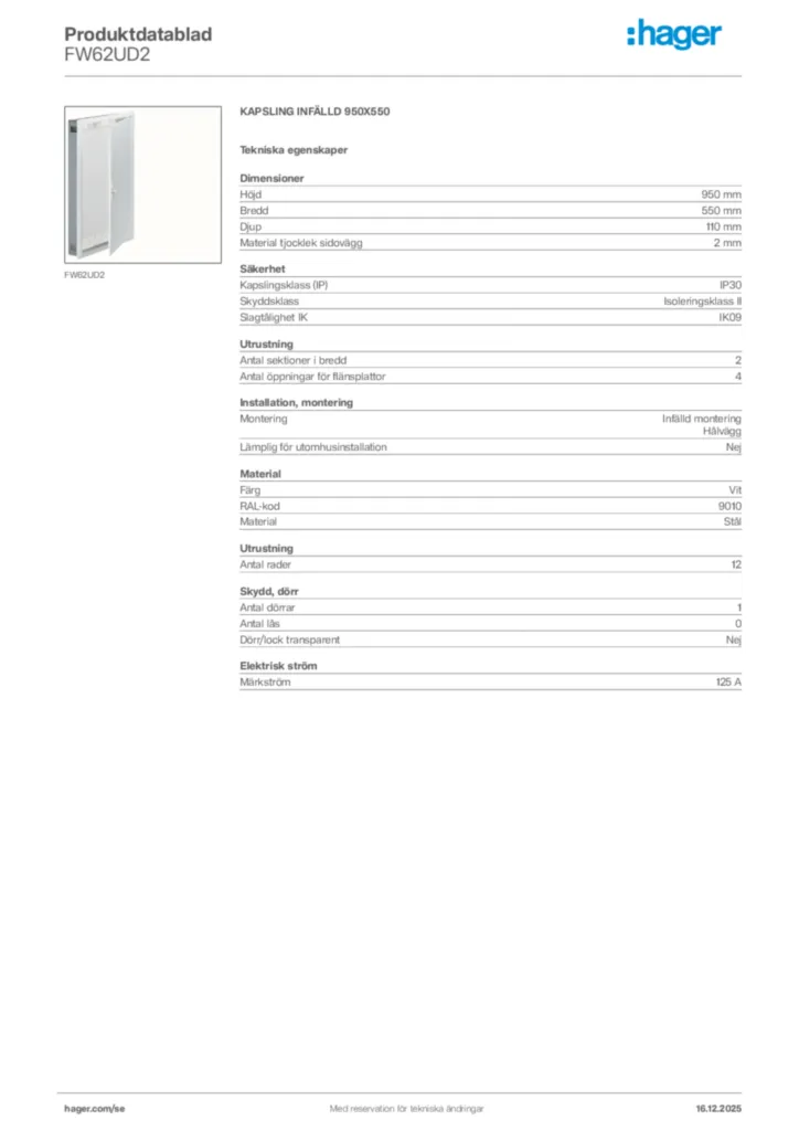 Bild Hager Produktdatablad FW62UD2 | Hager Sverige