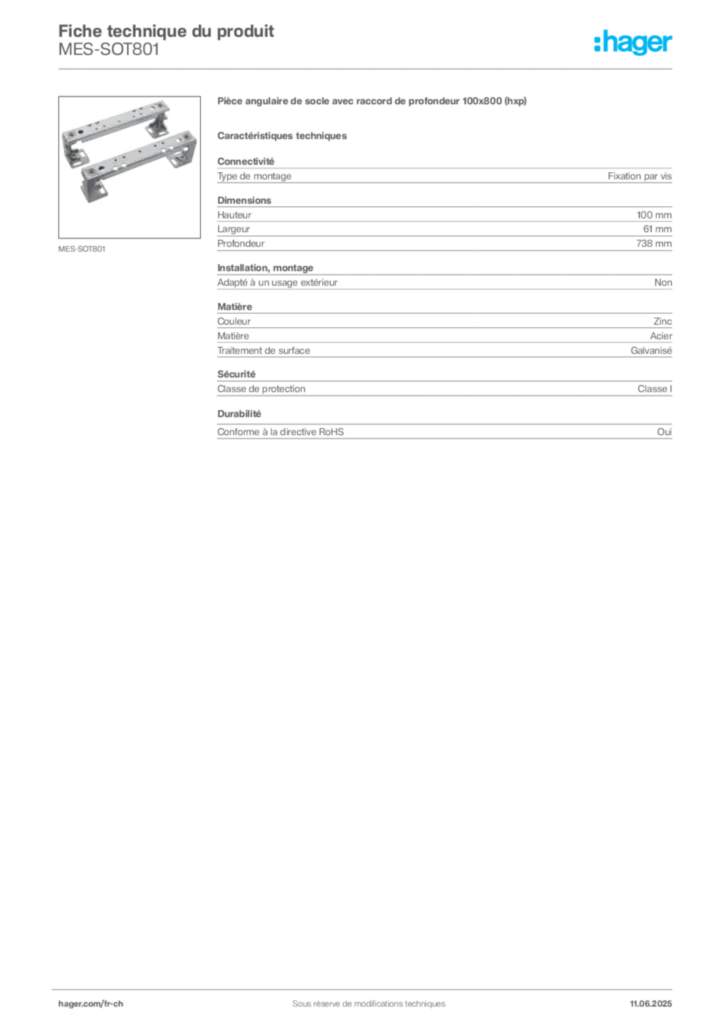 Image Hager Fiche technique du produit MES-SOT801 | Hager Suisse