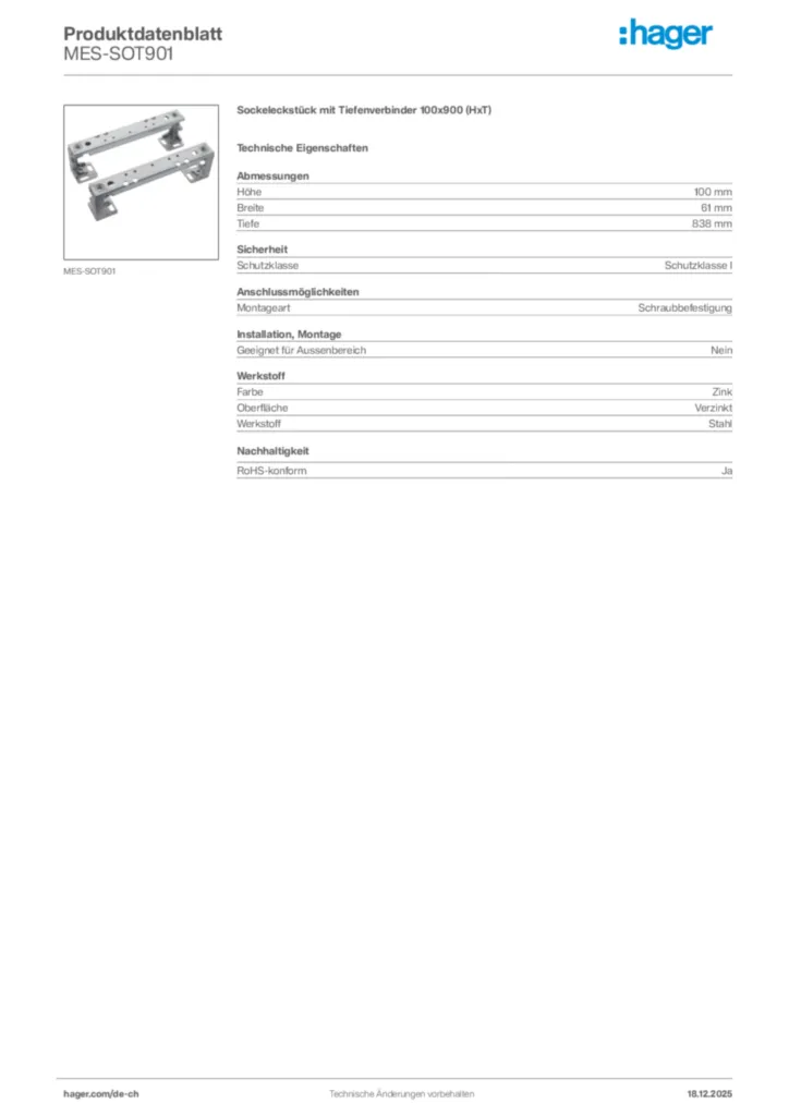 Bild Hager Produktdatenblatt MES-SOT901 | Hager Schweiz