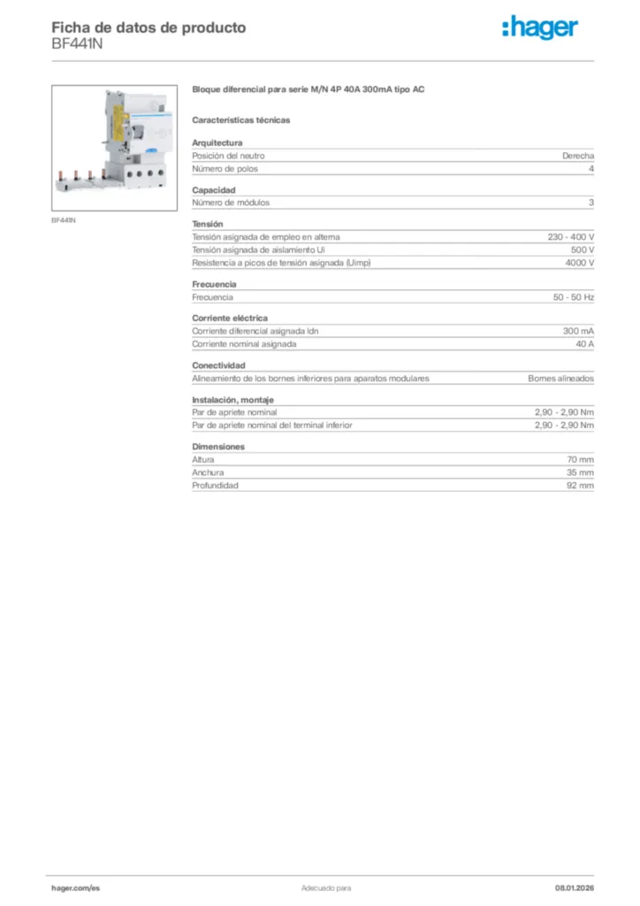 Imagen Hager Ficha de datos de producto BF441N | Hager España
