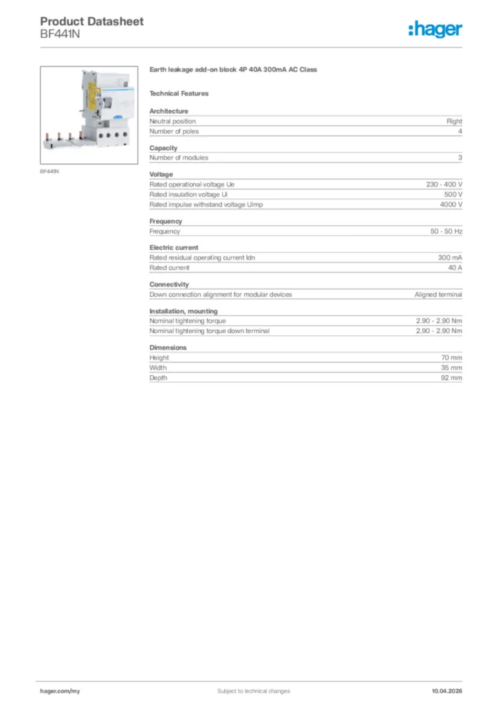 Image Hager Product data sheet BF441N  | Hager