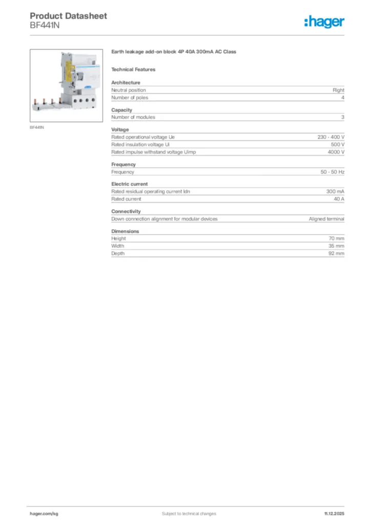 Image Hager Product data sheet BF441N  | Hager