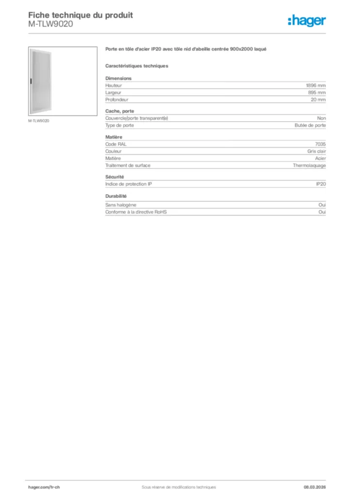 Image Hager Fiche technique du produit M-TLW9020 | Hager Suisse