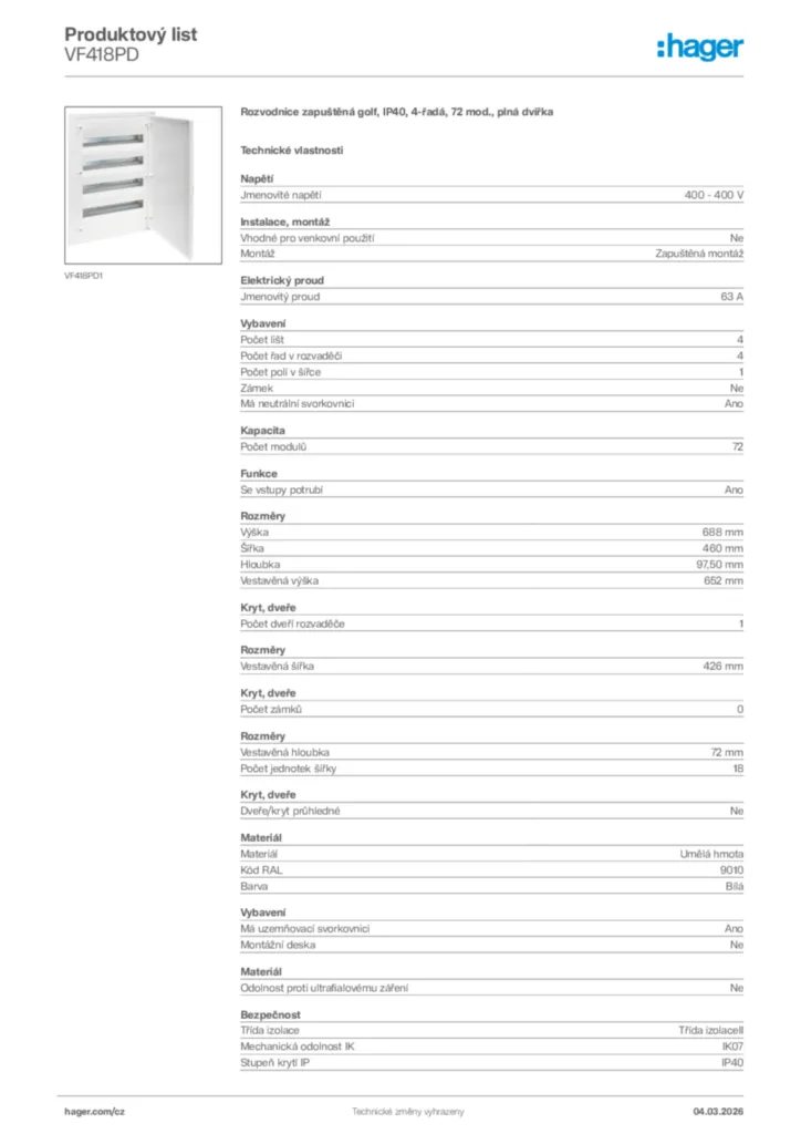 Obrázek Hager Product data sheet VF418PD | Hager