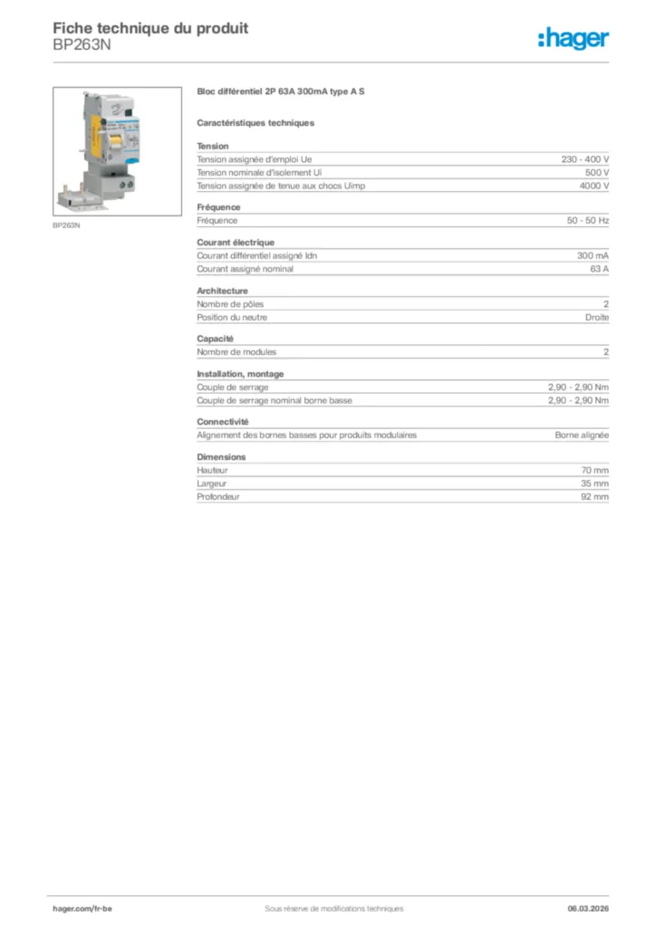 Image Hager Fiche technique du produit BP263N | Hager Belgique