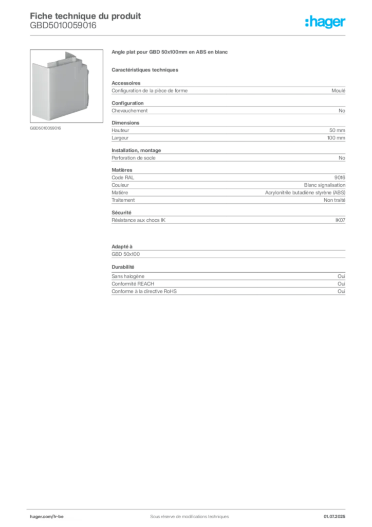 Image Hager Fiche technique du produit GBD5010059016 | Hager Belgique