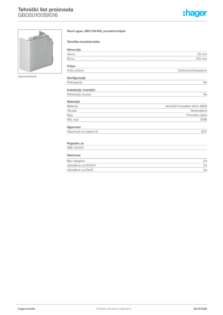 Slika Hager Product data sheet GBD5010059016  | Hager