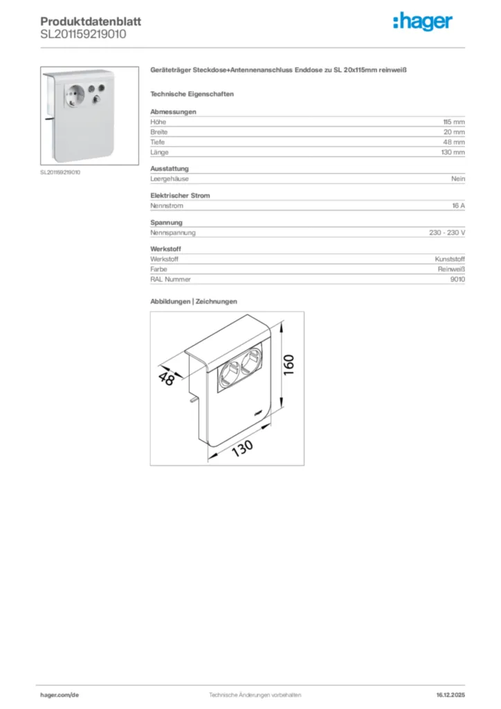 Bild Hager Produktdatenblatt SL201159219010 | Hager Deutschland