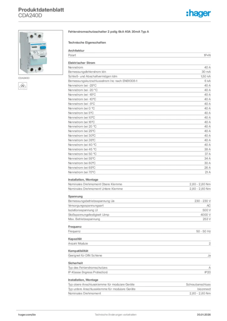Hager Produktdatenblatt CDA240D