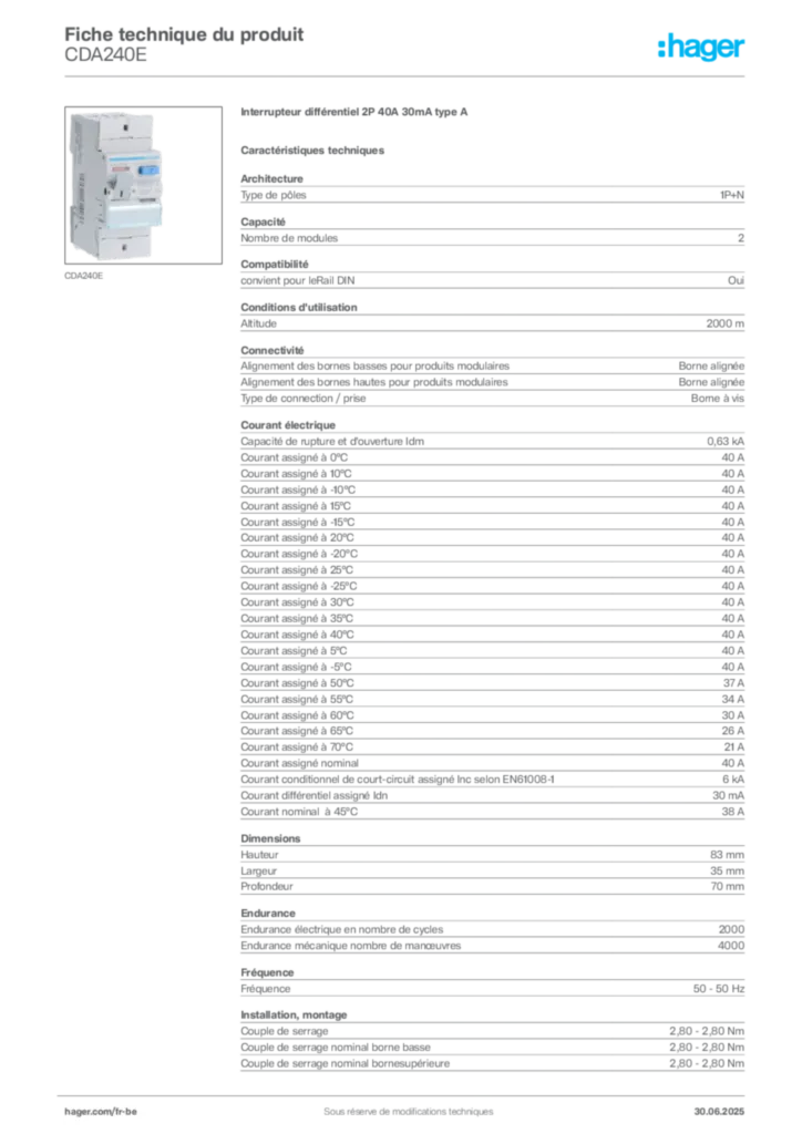 Image Hager Fiche technique du produit CDA240E | Hager Belgique