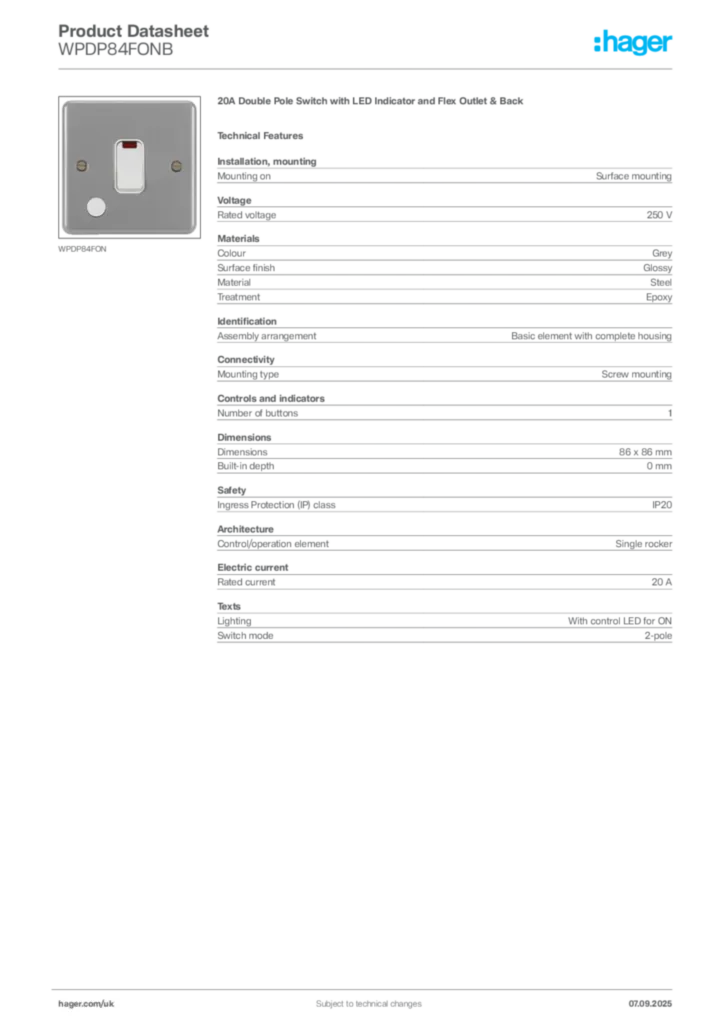 Image Hager Product data sheet WPDP84FONB  | Hager