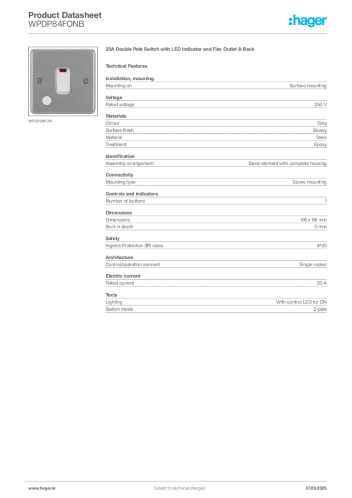 Image Hager Product data sheet WPDP84FONB  | Hager