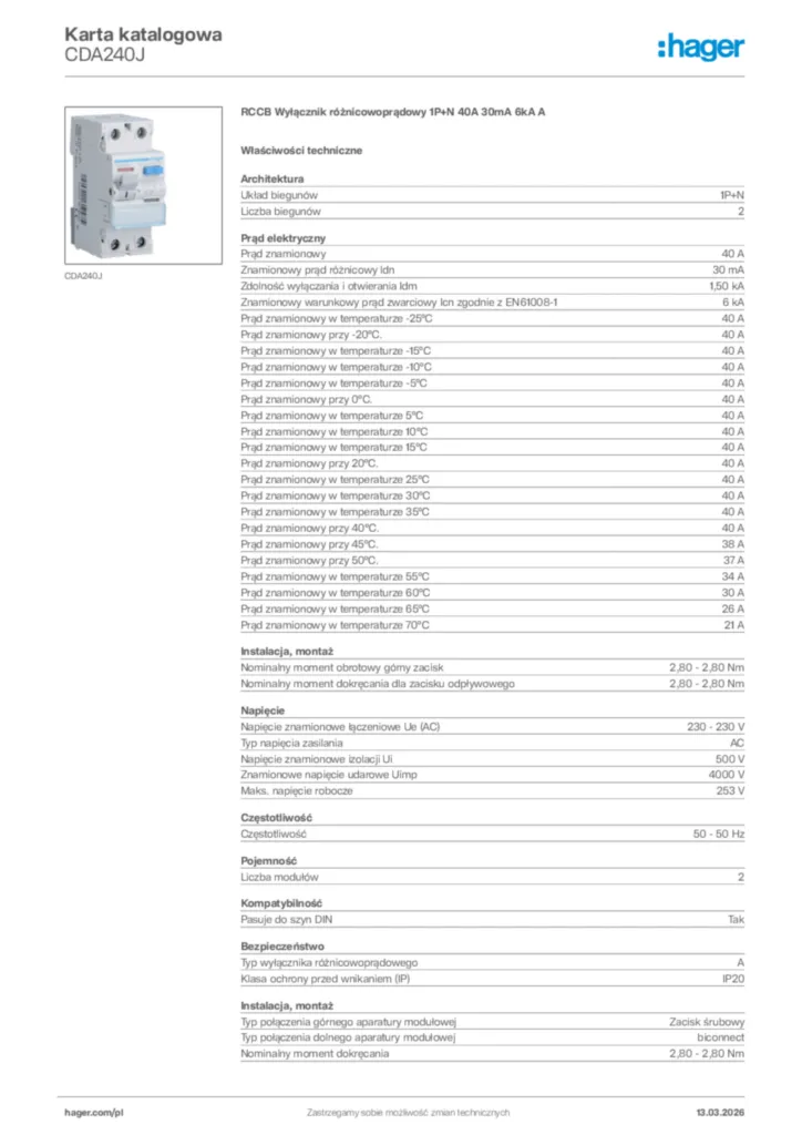 Zdjęcie Hager Karta katalogowa CDA240J | Hager Polska