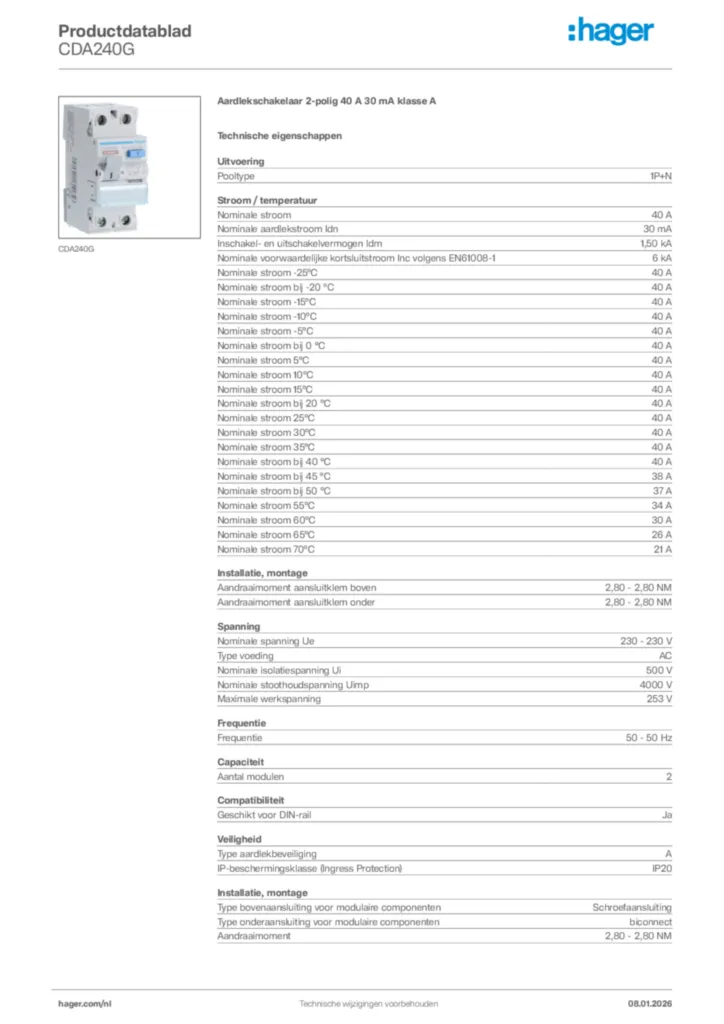 Afbeelding Hager Productdatablad CDA240G | Hager Nederland