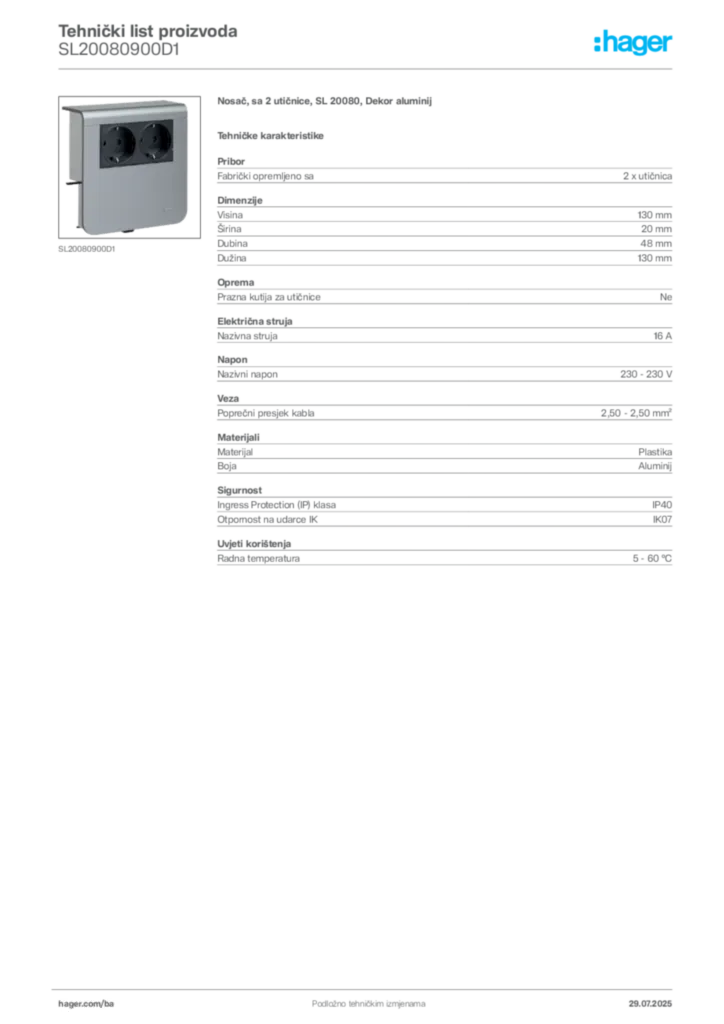 Slika Hager Product data sheet SL20080900D1  | Hager