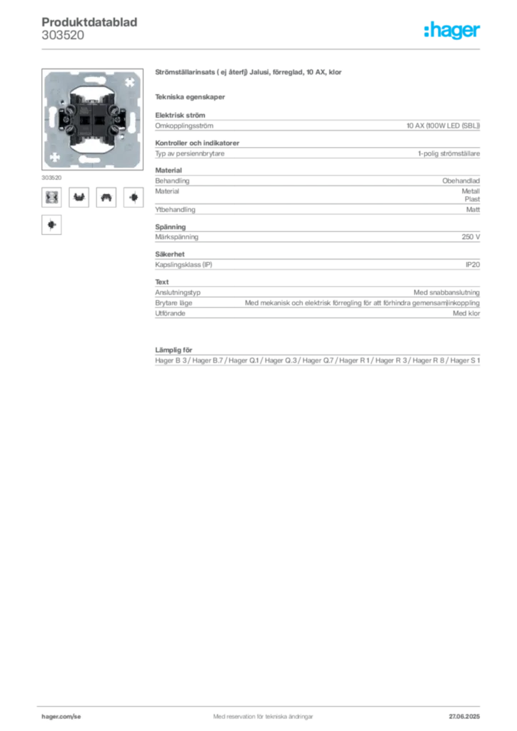 Bild Hager Produktdatablad 303520 | Hager Sverige