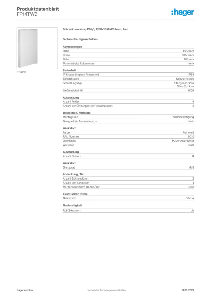 Bild Hager Produktdatenblatt FP14TW2 | Hager Deutschland