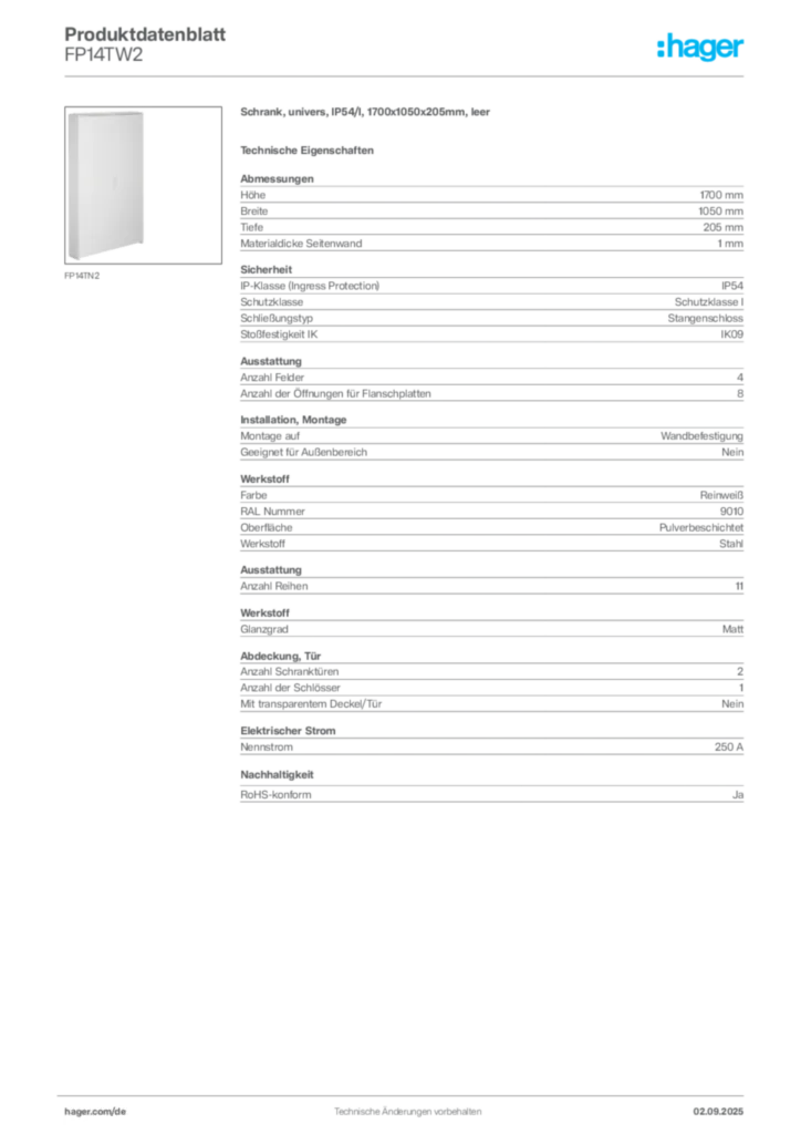 Bild Hager Produktdatenblatt FP14TW2 | Hager Deutschland